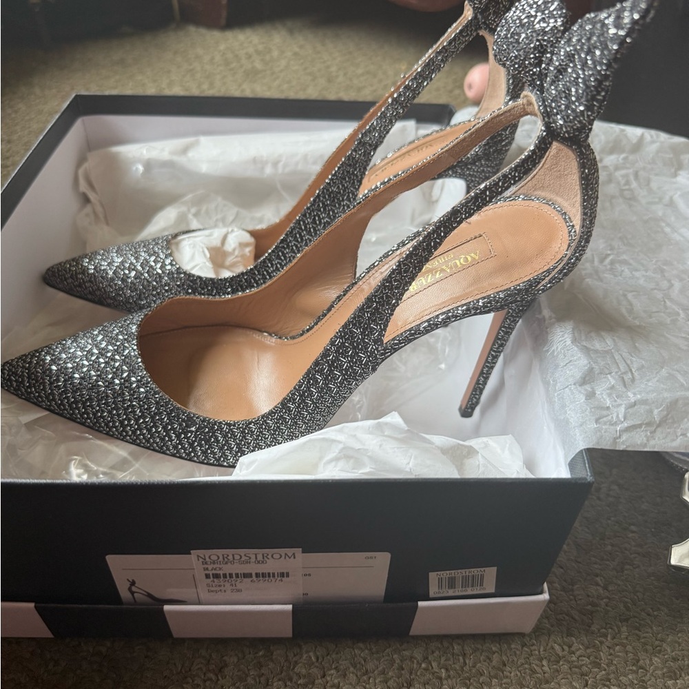 Aquazzura Glitter Slingback Heels - Black and Silver